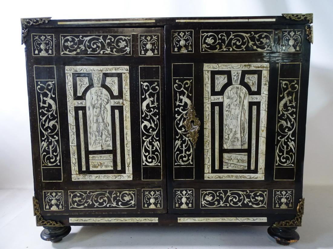 FLEMISH EBONY INLAID, BRASS MOUNTED TABLE CABINET WITH IMPRESSIVE FITTED INTERIOR 19"X 22"X 13.5" (1 of 14)