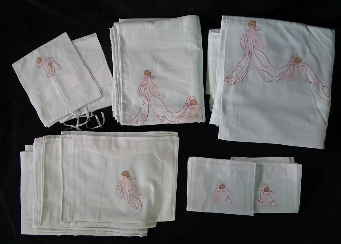 LERON NEW YORK: 13 PCS BED LINEN SET: COTTON, CA. 108" X 104" FLAT SHEET, MINT GRN W/ CUPIDS HAND (1 of 16)