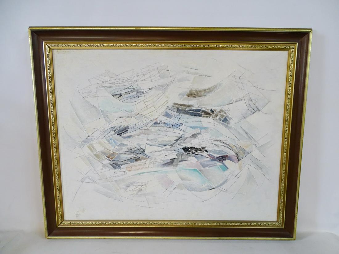 ME MONOGRAMMED OIL ON BOARD CANVAS FUTURIST/CUBIST ABSTRACT 1968 24.5" X 31.5" (1 of 8)
