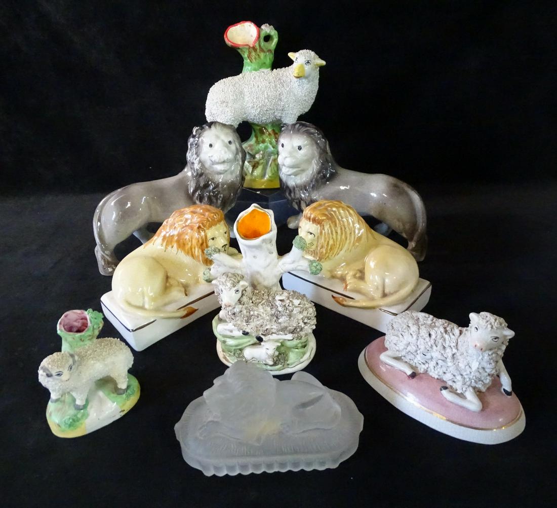 GROP OF (9) LION AND LAMB FIGURAL ITEMS INC. STAFFORDSHIRE (REPAIRS) (1 of 16)