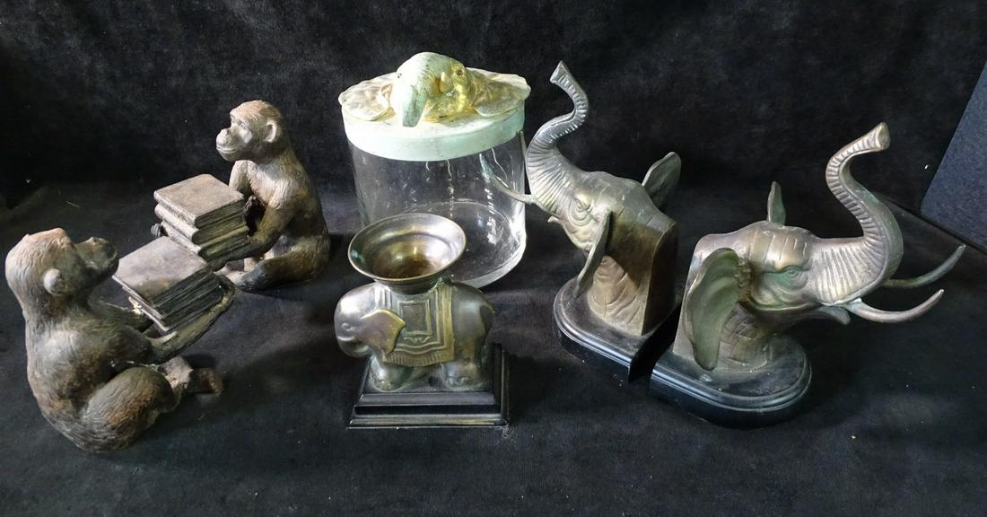GROUP OF (6) MONKEY AND ELEPHANT FIGURAL ITEMS INC. BOOKENDS 8" H TALLEST: GROUP OF (6) MONKEY AND ELEPHANT FIGURAL ITEMS INC. BOOKENDS 8" H TALLEST