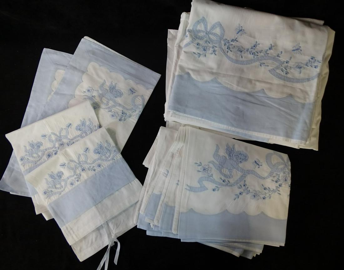 LERON NEW YORK: 13 PCS BED LINEN SET: COTTON, CA. 108" X 104" FLAT SHEET, WHITE W/ BLUE TRIM CUPIDS (1 of 14)
