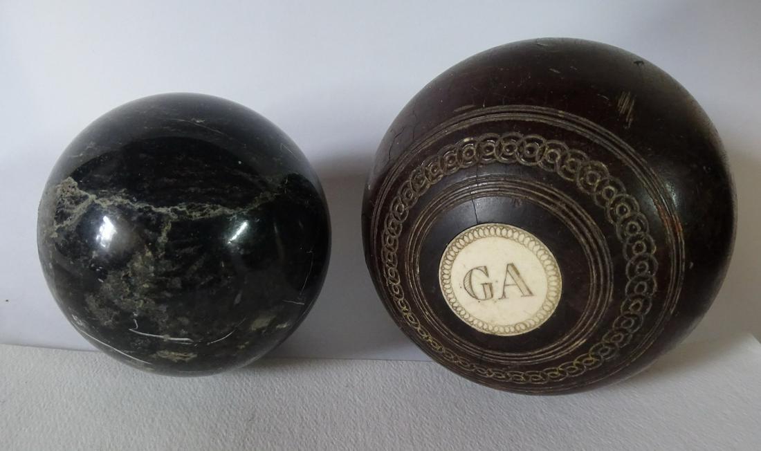 (2) ORBS, (1) MARBLE (1) WOOD &BONE "JAQUES & SON LONDON" 5" DIA. LARGEST: (2) ORBS, (1) MARBLE (1) WOOD &BONE "JAQUES & SON LONDON" 5" DIA. LARGEST