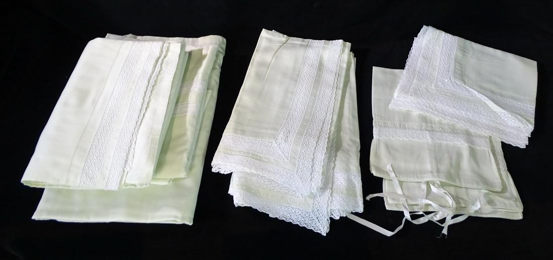 E. BRAUN & CO NEW YORK: 11 PCS BED LINEN SET: COTTON, CA. 108" X 104" FLAT SHEET, MINT W/ LACE (1 of 15)