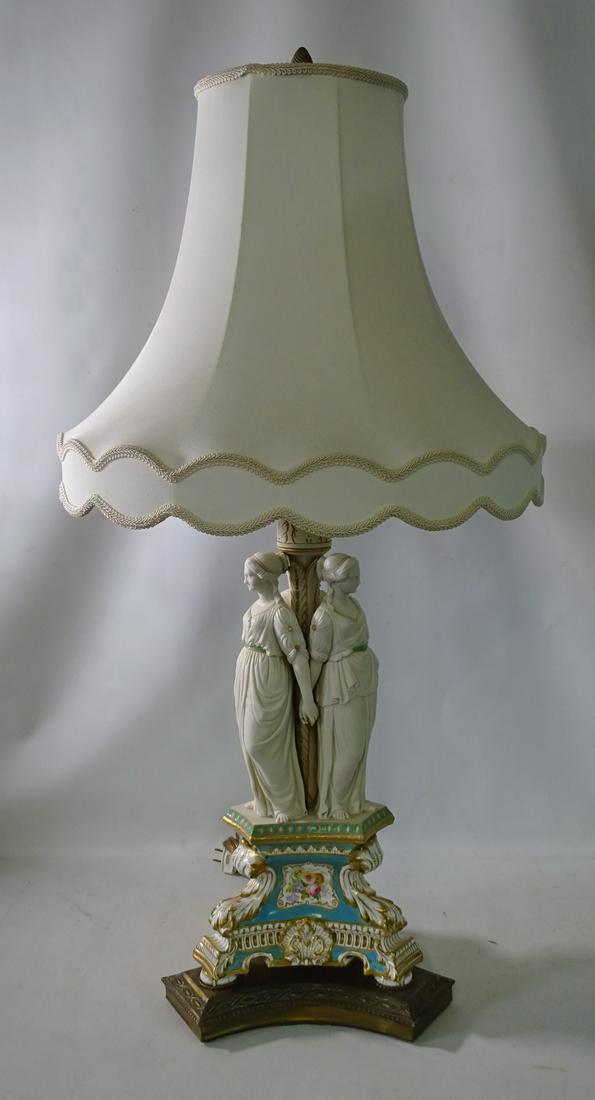 LAMP: SEVERS QUALITY, PARIAN 3 GRACE FIGURAL COLUMN RAISED ON HP PORCELAIN BASE (36" H X 11.5" X: LAMP: SEVERS QUALITY, PARIAN 3 GRACE FIGURAL COLUMN RAISED ON HP PORCELAIN BASE (36" H X 11.5" X 10")