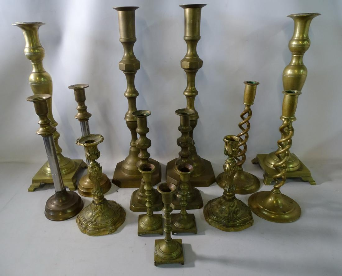 EXTENSIVE LOT (15) OF BRONZE & BRASS CANDLESTICKS 19" TALLEST (1 of 9)