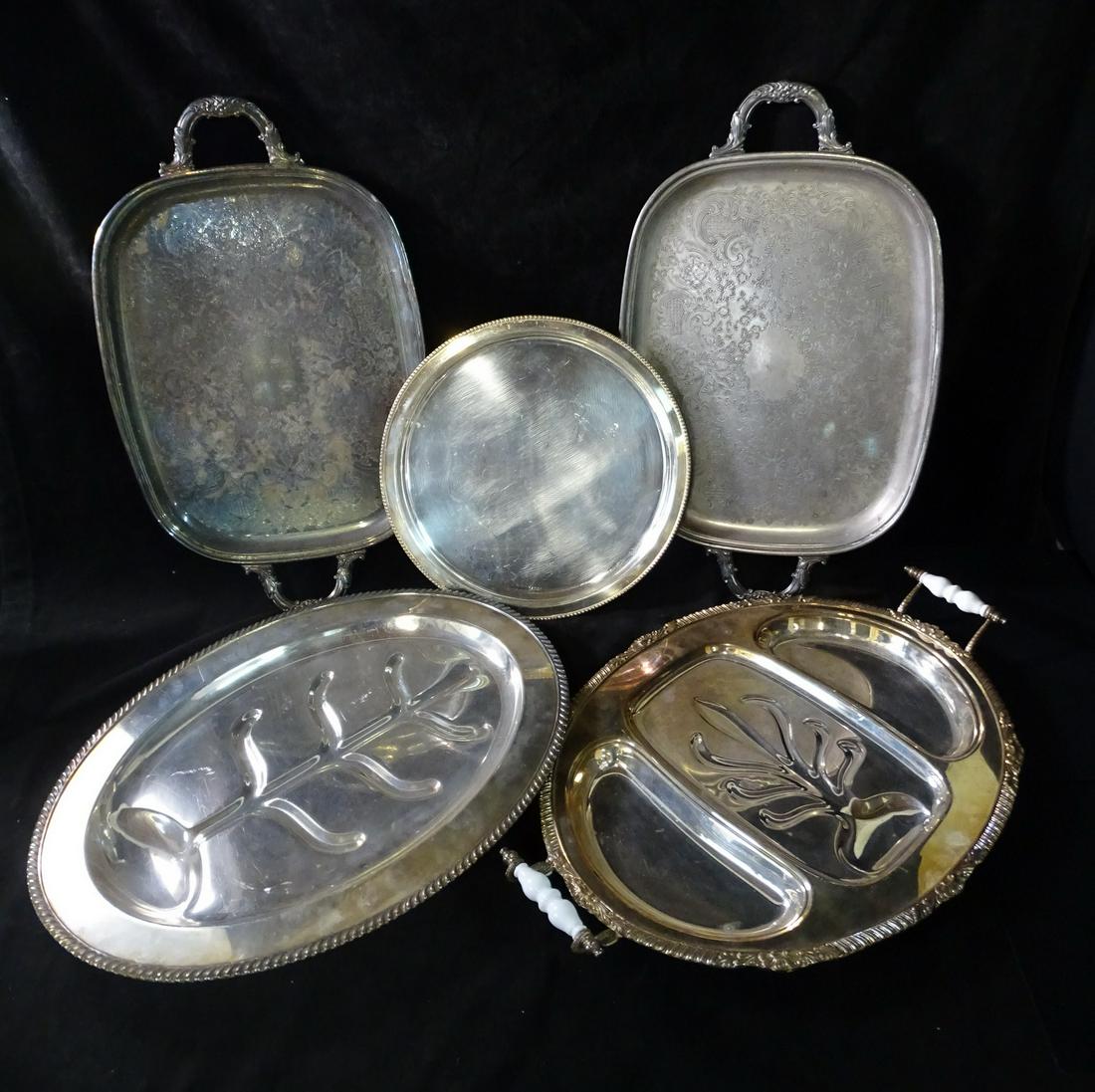 GROUP OF 5 SILVER PLATED TRAYS INC. PORCELAIN HANDLED 24" X 17" LARGEST (1 of 12)
