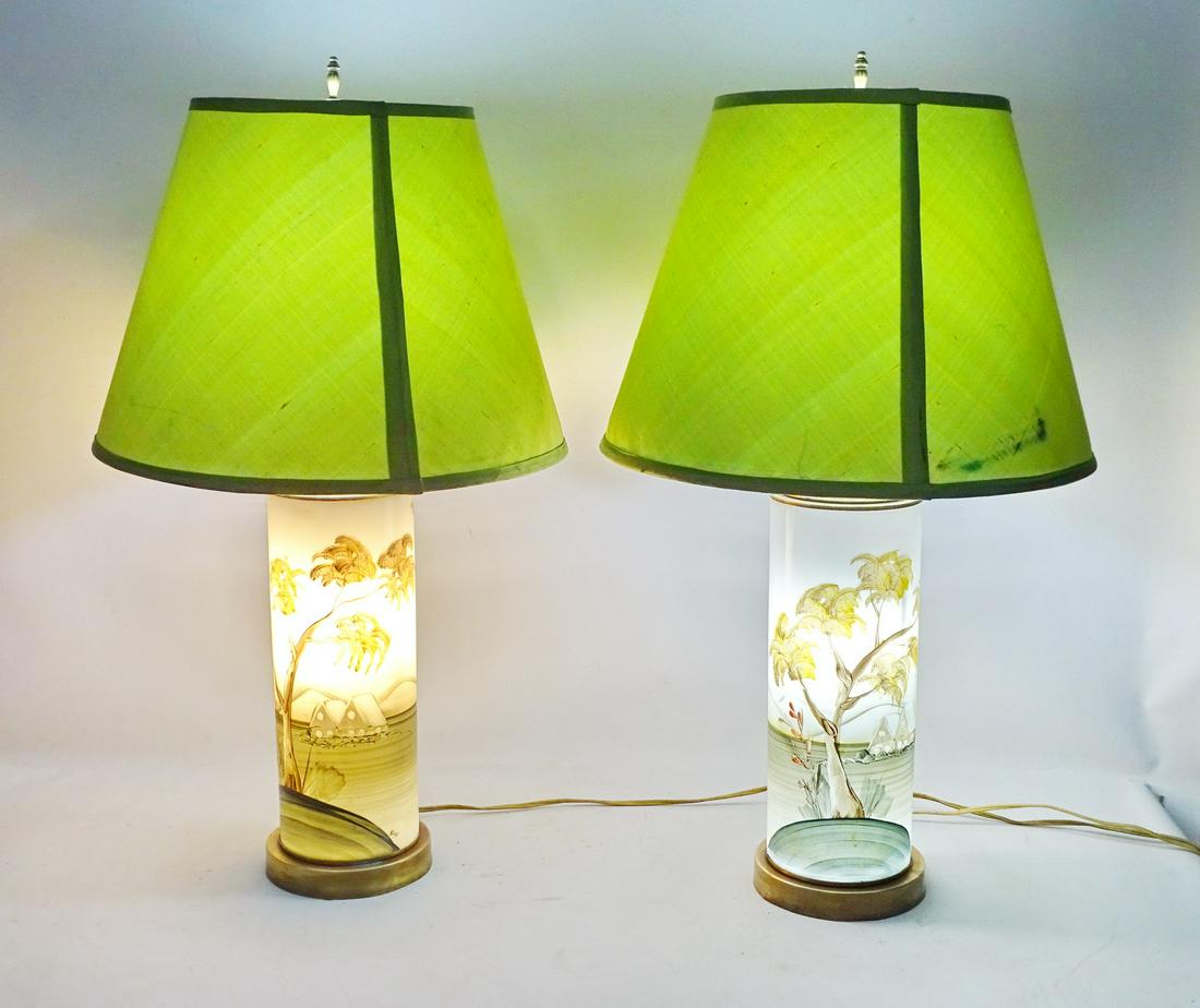 PAIR PAINT DECORATED OPALINE GLASS LAMPS 14" HIGH: PAIR PAINT DECORATED OPALINE GLASS LAMPS 14" HIGH