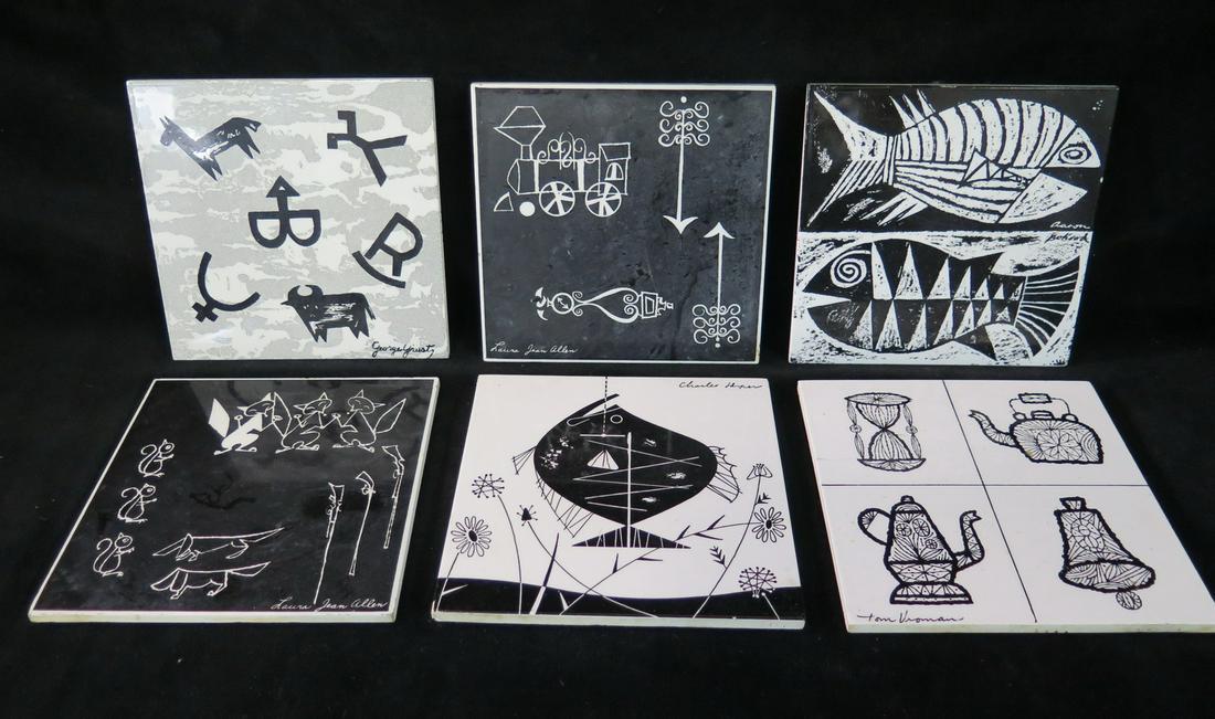 (6) MID CENTURY BLACK AND WHITE TILES VARIOUS ARTISTS 6" X 6" (1 of 7)