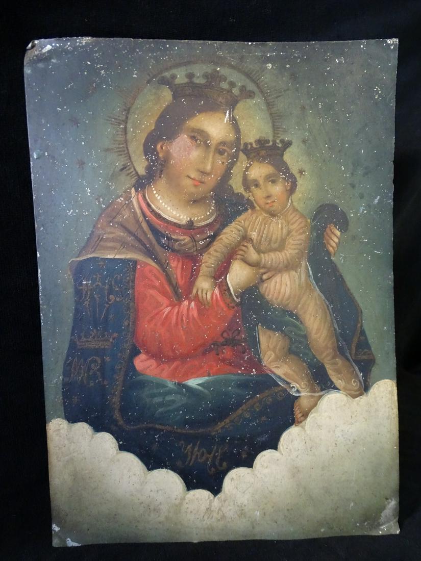 SPANISH COLONIAL, MEXICAN RETABLO / PAINTING ON TIN MADONNA & CHILD 14" X 10" (1 of 11)