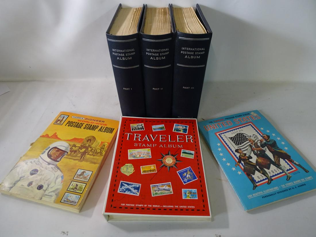 (6) STAMP ALBUMS, 5 INTERNATIONAL, 1 US HARRIS FREEDOM STAMP (1 of 19)