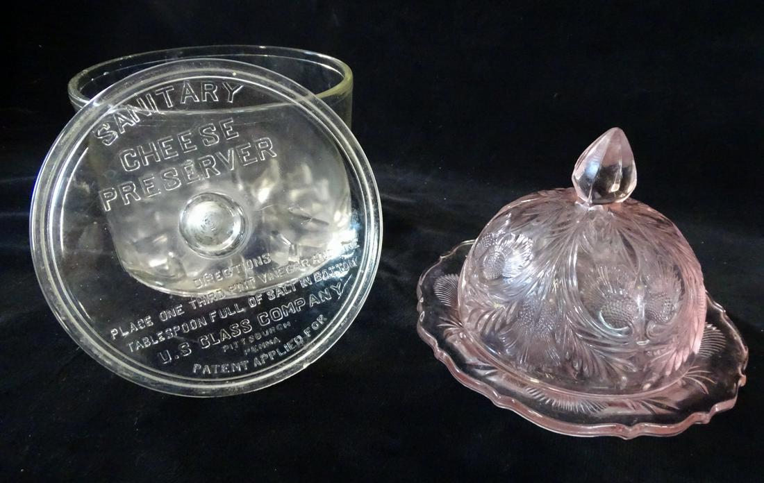 (1) SANITARY CHEESE PRESERVER, U.S. GLASS CO. & PINK THISTLE MOTIF BUTTER DISH, 6" X 4" DIA., 6" X (1 of 6)