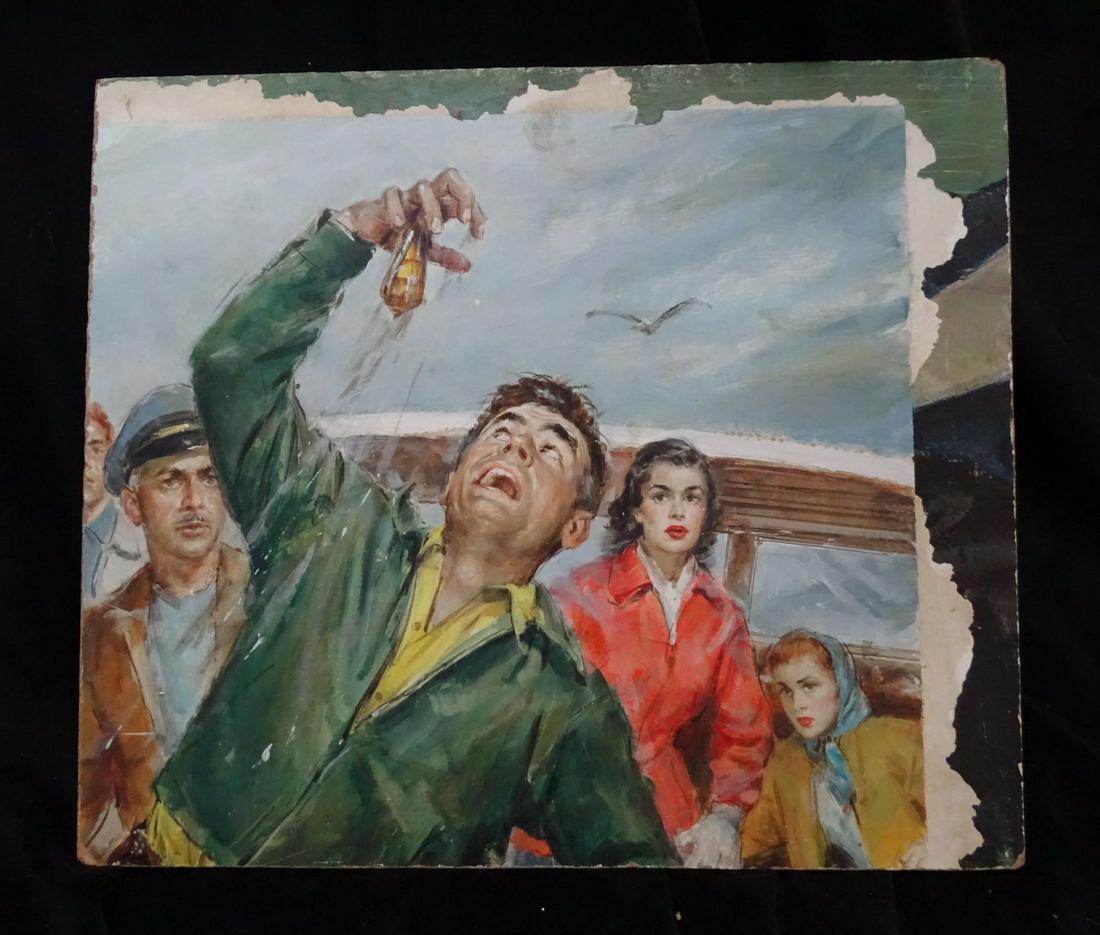 JAMES ALFRED MEESE "HOOKED" (WITH CLARK GABLE) PULP FICTION ILLUSTRATION PAINT ON PANEL 13.25" X (1 of 10)