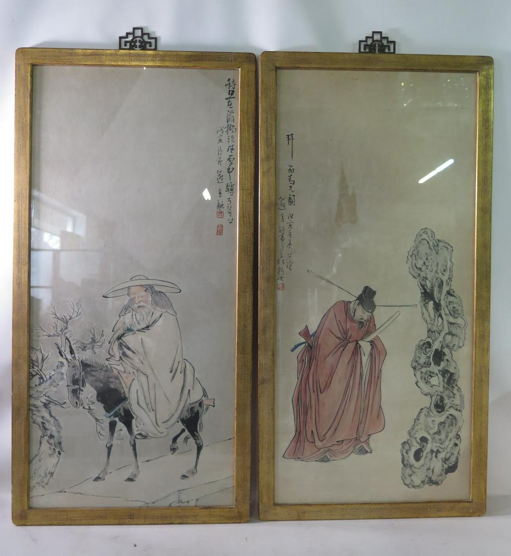 PAIR VINTAGE SIGNED ASIAN FIGURAL WATERCOLOR/INK PAINTINGS ON RICE PAPER 35.5" X 16.5" IMAGE (W/ (1 of 9)