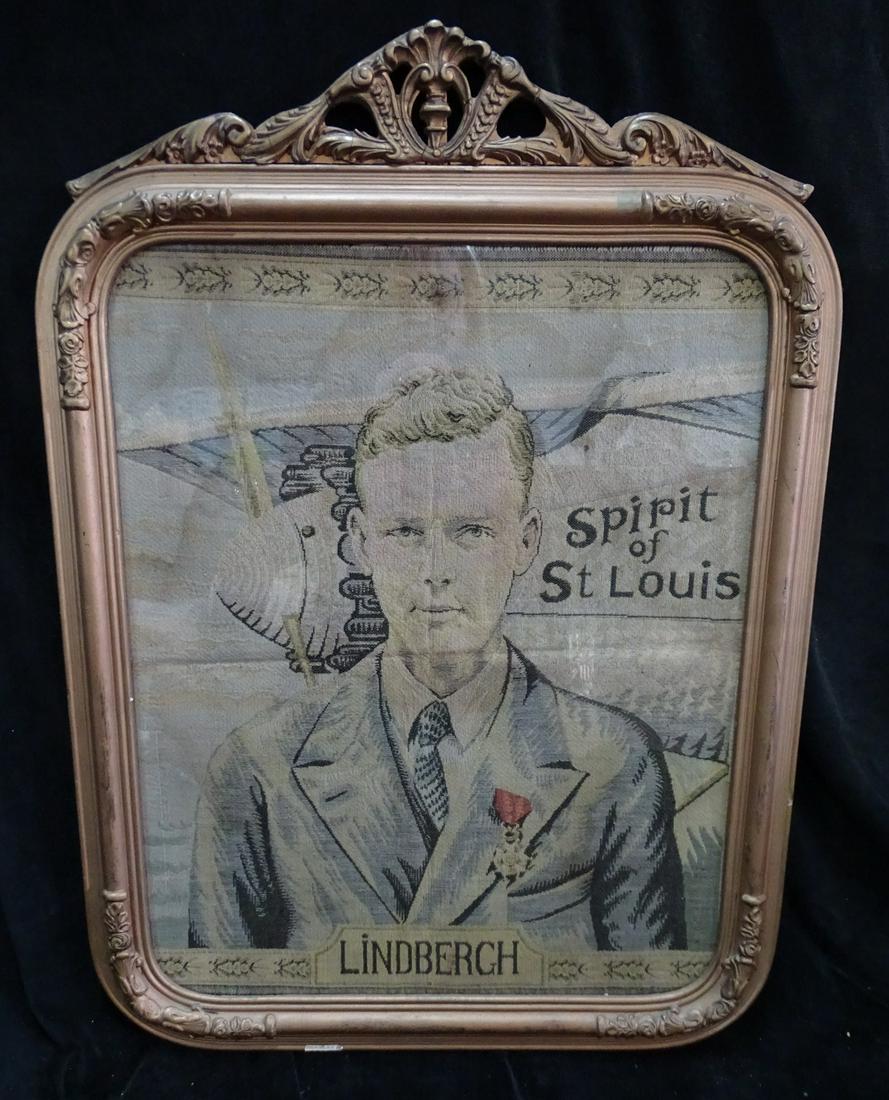 VINTAGE "SPIRIT OF ST. LOUIS" LINDBERGH PORTRAIT FRAMED TAPESTRY 19.5" X 15" IMAGE (1 of 12)