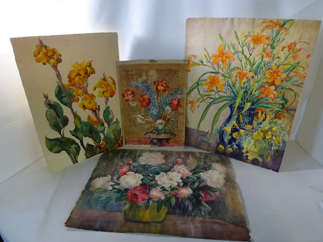ESTELLE MANON ARMSTRONG ATTRIB. LOT/4 STILL LIFE WITH FLOWERS WATERCOLOR 19" X 25" SHEET LARGEST (1 (1 of 16)