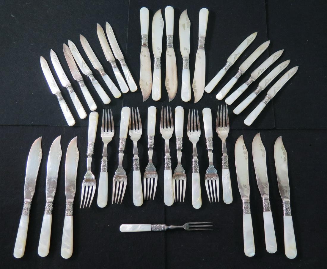 MOTHER OF PEARL AND STERLING HANDLED FLATWARE 34 PIECES (1 of 17)