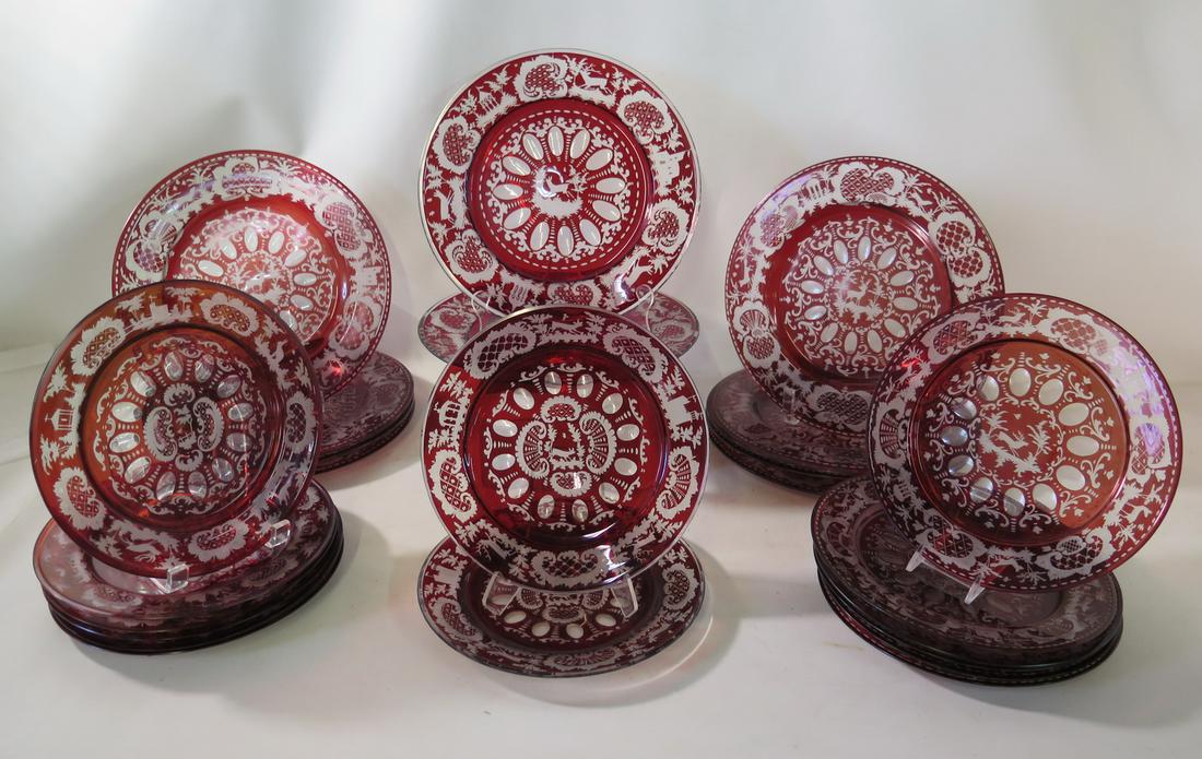 23 EGERMANN ETCHED RUBY GLASS PLATES (10) 10 1/2" DIA. AND (13) 9" DIA. (1 of 7)