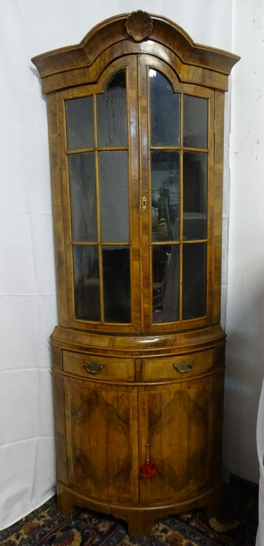 19th C. DUTCH 2PC. CORNER CABINET, BURLED WALNUT 75.5" X 19" RADIUS (1 of 14)