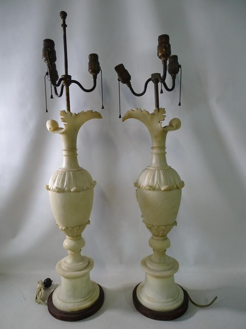 PAIR LAMPS: LARGE, CARVED ALABASTER EWERS, ROSE CARVED BODIES, 38" H, 26" URN ONLY (1 of 15)
