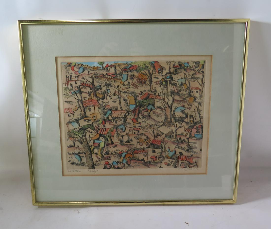JOSE GURVICH SIGNED 1974 COLORED ETCHING "KIBUTE" 10" X 13" (1 of 14)