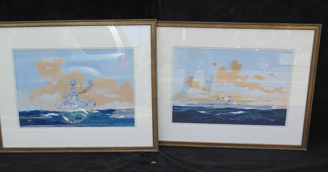 WORDEN WOOD SIGNED PAIR NAVY BATTLESHIPS / MARINE ILLUSTRATION, GOUACHE CA. 13.5" X 20.5" IMAGE EACH (1 of 14)