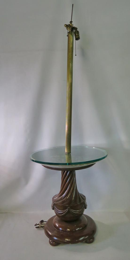 LAMP TABLE: 2 IN 1, METAL FRAME WITH LARGE GLASS TOPPED CERAMIC CHARGER AS TABLE 61" H X 21" DIA. (1 of 13)