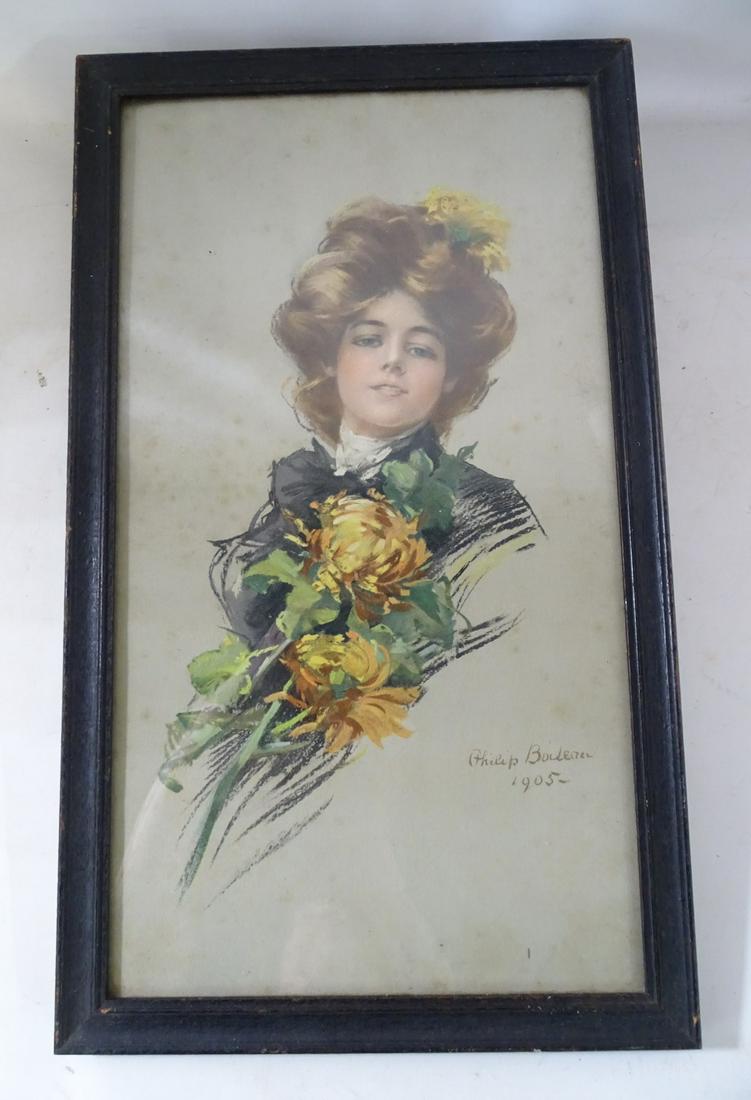VINTAGE LITHOGRAPH PORTRAIT WOMAN WITH FLOWERS 19 1/2" X 16 1/2" W FRAME (1 of 5)