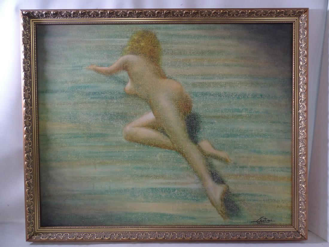 SIGNED OIL ON CANVAS "RECLINING NUDE IN GREENS AND BLUES" 24" X 30": SIGNED OIL ON CANVAS "RECLINING NUDE IN GREENS AND BLUES" 24" X 30"