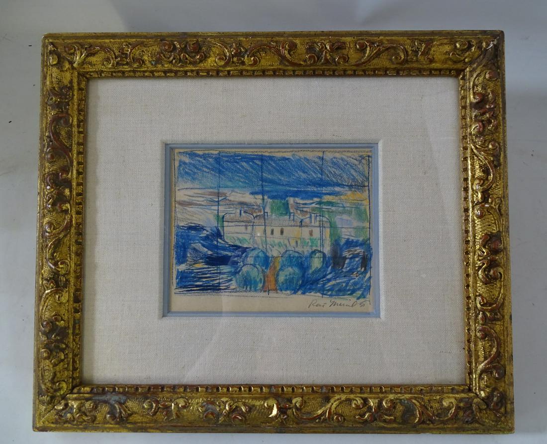 RENE MARCIL SIGNED PASTEL & CRAYON ON PAPER PREP ARATORY STUDY "LANDSCAPE" 5" X 6" (1 of 7)