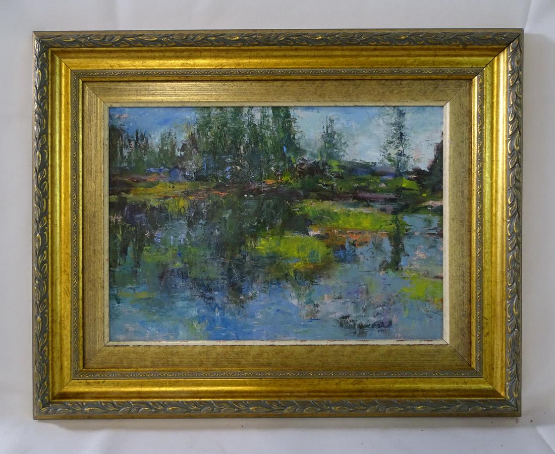 SHELLI ROBNER ARDIZZONE SIGNED SMALL ABSTRACT FOREST LANDSCAPE OIL ON BOARD 9.5" X 13.5" IMAGE (1 of 5)