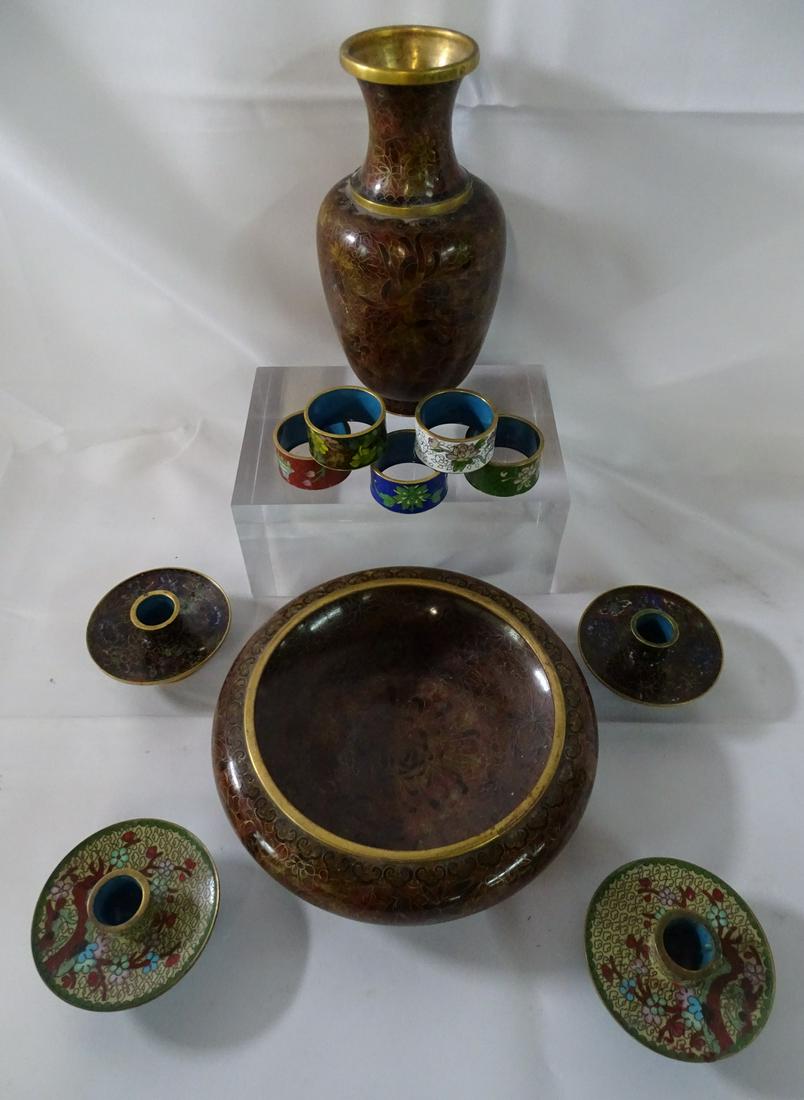 11 PIECES CLOISSONE INC. BOWL, VASE & 5 NAPKIN RINGS (1 of 8)