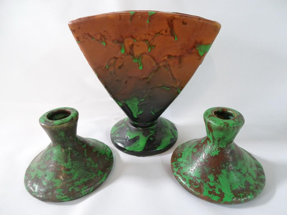 3 PIECES WELLER ART POTTERY FAN VASE & PAIR CANDLEHOLDERS 7 1/2" TALLEST (1 of 8)