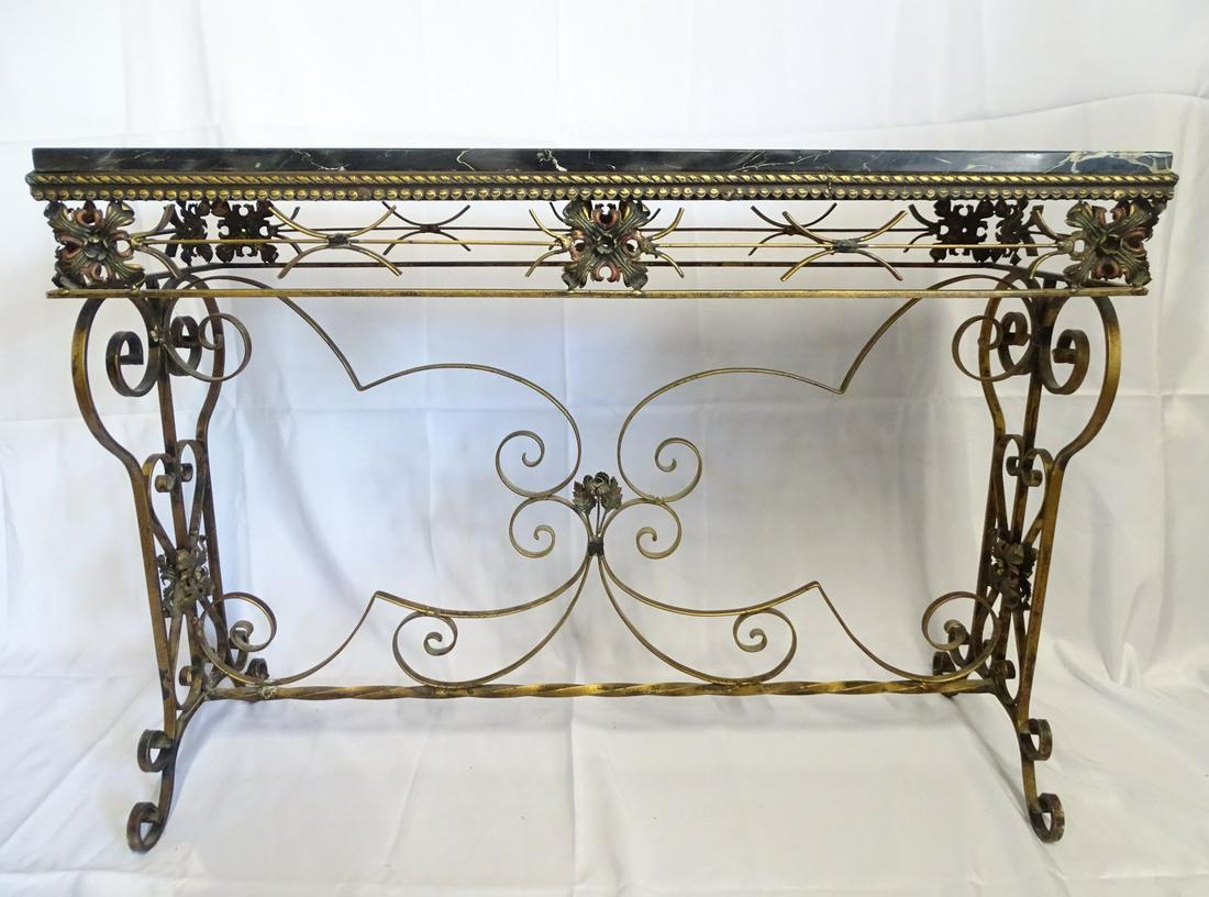 GILT DECORATED MARBLE TOP SCROLLWORK IRON CONSOLE 29" X 40 1/4" X 14 1/2": GILT DECORATED MARBLE TOP SCROLLWORK IRON CONSOLE 29" X 40 1/4" X 14 1/2"