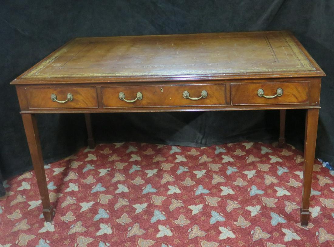 ENGLISH MAHOGANY LEATHER TOP DESK 20 1/4" X 52" X 32 3/4": ENGLISH MAHOGANY LEATHER TOP DESK 20 1/4" X 52" X 32 3/4"