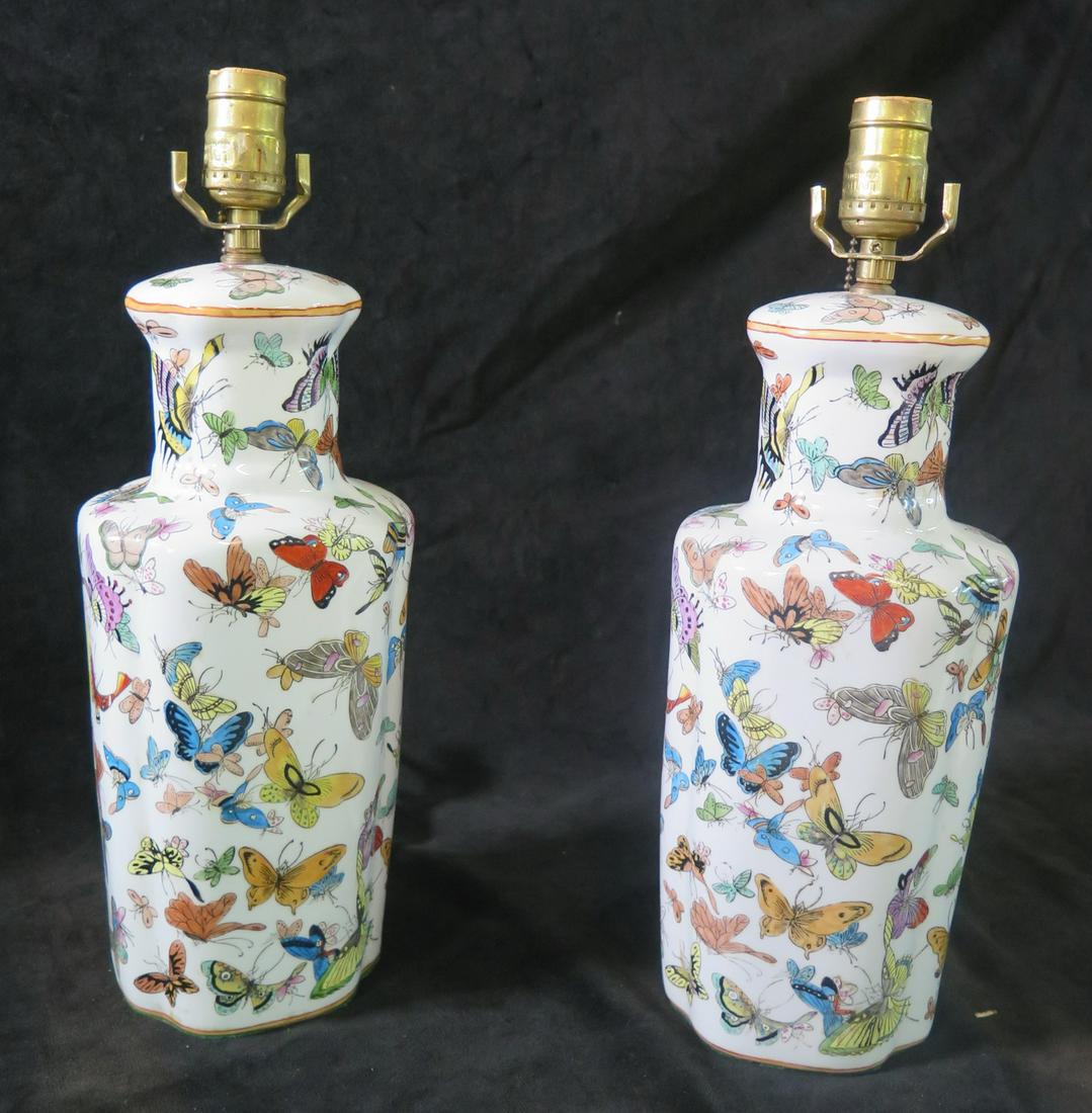 PAIR PORCELAIN LAMPS W/BUTTERFLIES  18" HIGH X 5" X 6" (1 of 5)