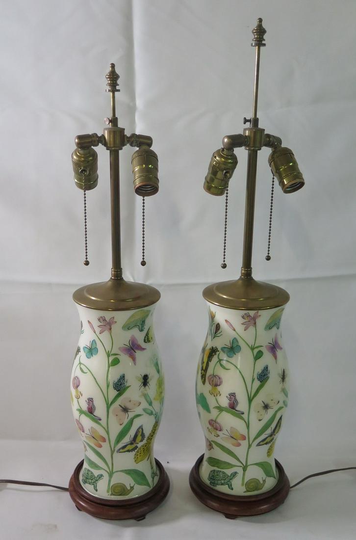 PAIR PORCELAIN LAMPS W/BUTTERFLIES, FLOWERS & TURTLES 28" HIGH X 6" DIA. (1 of 9)