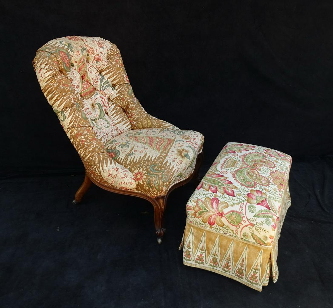 LOUIS XV STYLE UPHOLSTERED WALNUT CHAIR AND OTTOMAN, CHAIR 34" X 25" X 29" (1 of 16)