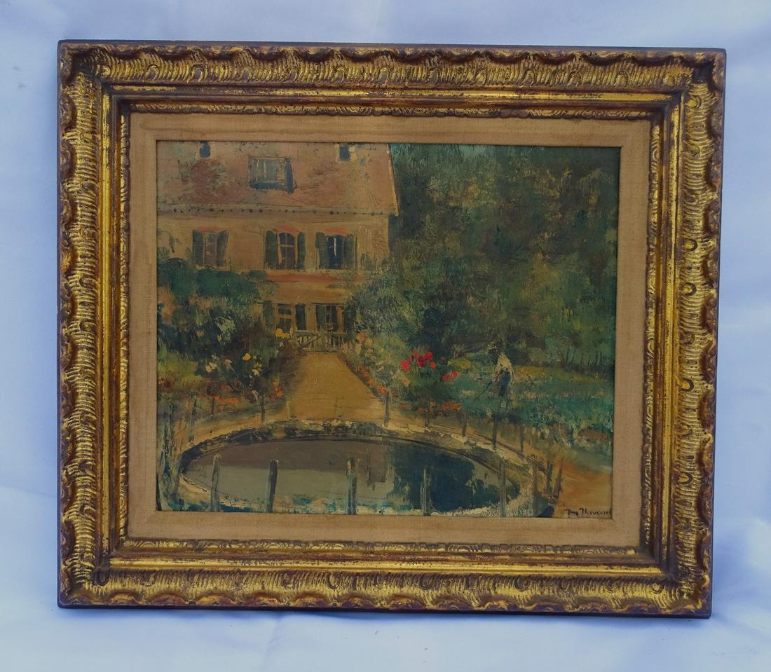 SIGNED FRENCH? GARDEN LANDSCAPE W/ HOUSE & FOUNTAIN, CA. BEFORE 1960, OIL/CANVAS, 13" X 15.5" IMAGE (1 of 10)