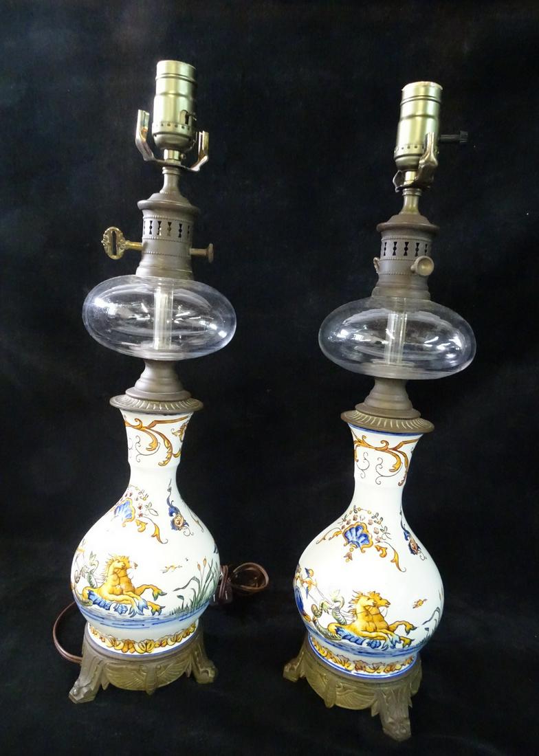PAIR FRENCH FAIENCE OIL LAMPS, ELECTRIFIED 12.5" X 6" (1 of 6)