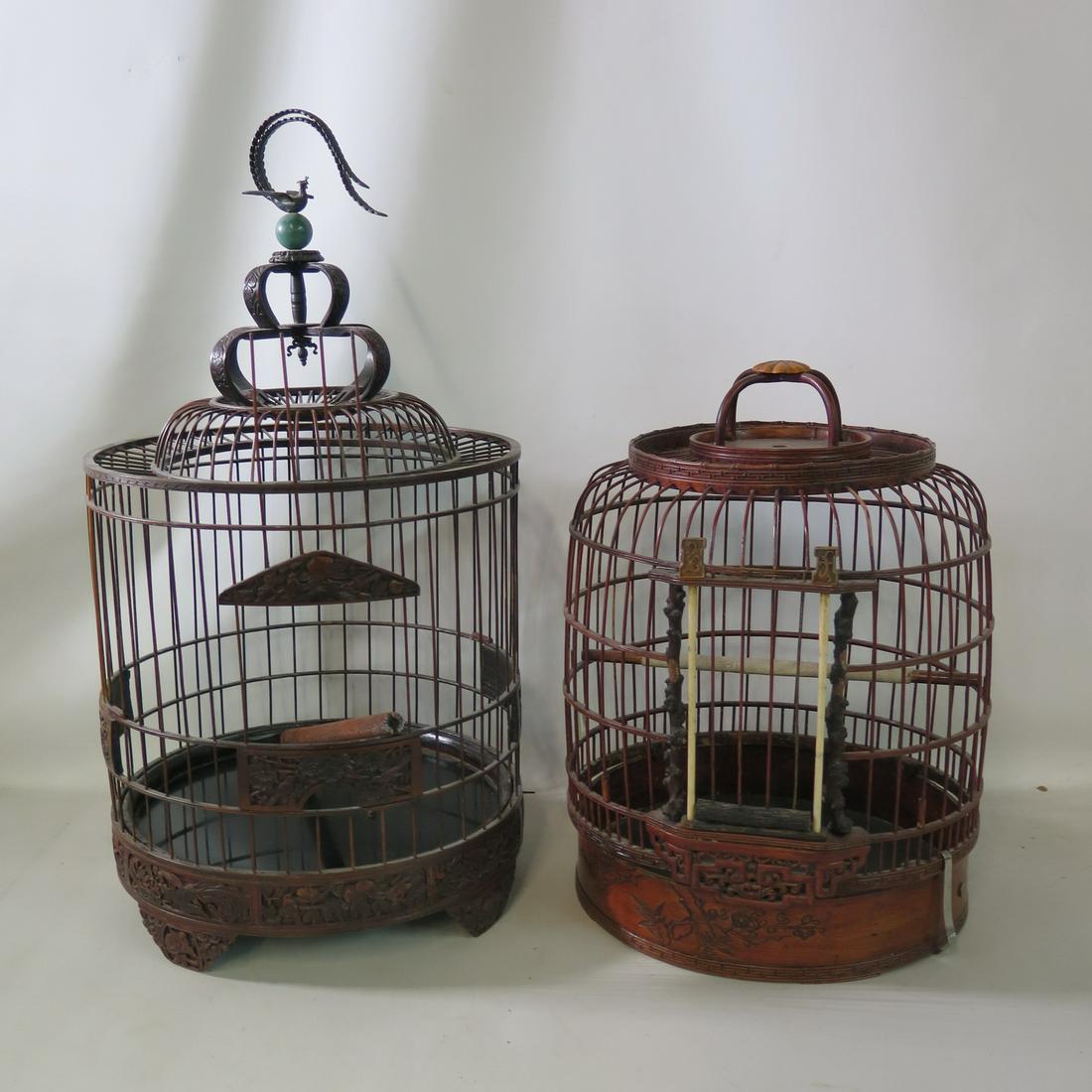 2 ANTIQUE CHINESE BIRD CAGES, WOODEN 23" H 12" DIA. LARGEST (1 of 6)