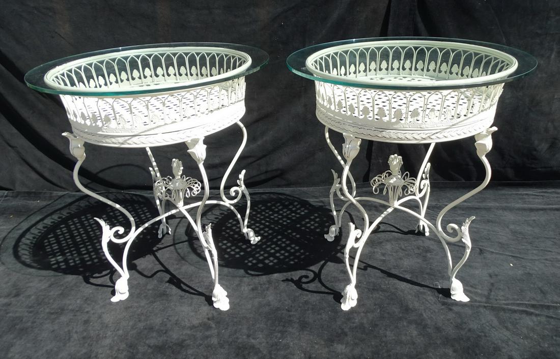 PAIR HEAVY FRENCH? METAL & GLASS TOP GARDEN OR BISTRO TABLES 25" DIA. X 30" H (1 of 8)