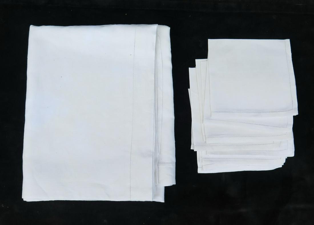 LINEN TABLECLOTH W/ 12 NAPKINS, WHITE, 100" X 64", LADDER STITCH/FAGGOTING, W/ PALE YELLOW DISCOLOR (1 of 10)