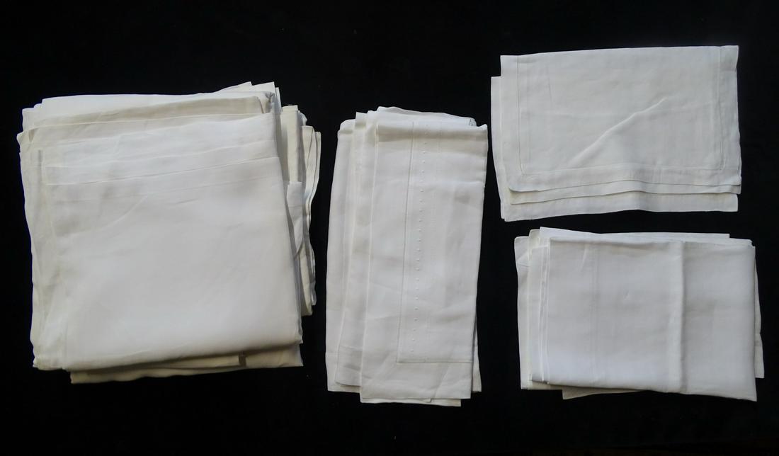 BED LINEN LOT: 13-PCS WHITE LINEN CA. 108 X 104" W/ LADDER/FAGGOTING STITCH SHEETS SOME STORAGE (1 of 19)