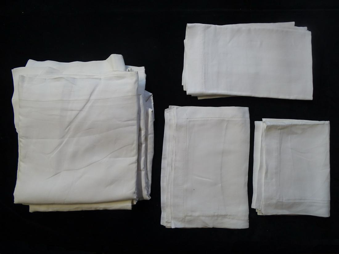 BED LINEN LOT: 16-PCS WHITE LINEN CA. 108 X 104" W/ LADDER/FAGGOTING STITCH SHEETS SOME STORAGE (1 of 20)