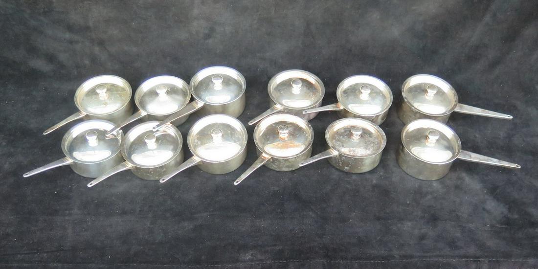 VINTAGE BEARD MONTREUX ORFEVERIE SWISS 12 LIDDED SOUP BOWLS (FRENCH ONION) SILVER PLATE 4" D; 9@1: VINTAGE BEARD MONTREUX ORFEVERIE SWISS 12 LIDDED SOUP BOWLS (FRENCH ONION) SILVER PLATE 4" D; 9@1 6/8" H & 3@2" H