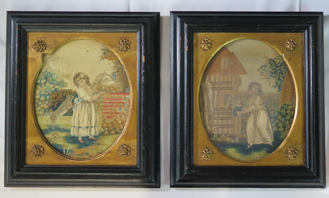 ANTIQUE 19TH CEN. SILK HAND-EMBROIDERY GENRE SCENES, PAIR, GIRL W/ RABBITS 11" X 8.5" IMAGE (1 of 16)