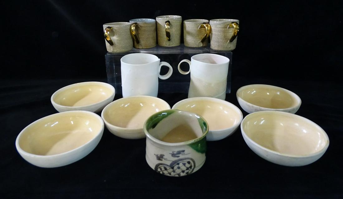 GROUP OF CERAMIC & STONEWARE 7 BOWLS, 7 CUPS, LARGEST 1.5" X 5.25" DIA., CUP 4.25" X 3.25" (1 of 6)