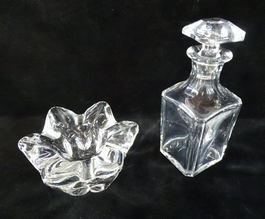 2 BACCARAT PCS. (1) FLOWER DISH, (1) DECANTER 8.5" X 3" X 3", 3" X 6" DIA.: 2 BACCARAT PCS. (1) FLOWER DISH, (1) DECANTER 8.5" X 3" X 3", 3" X 6" DIA.