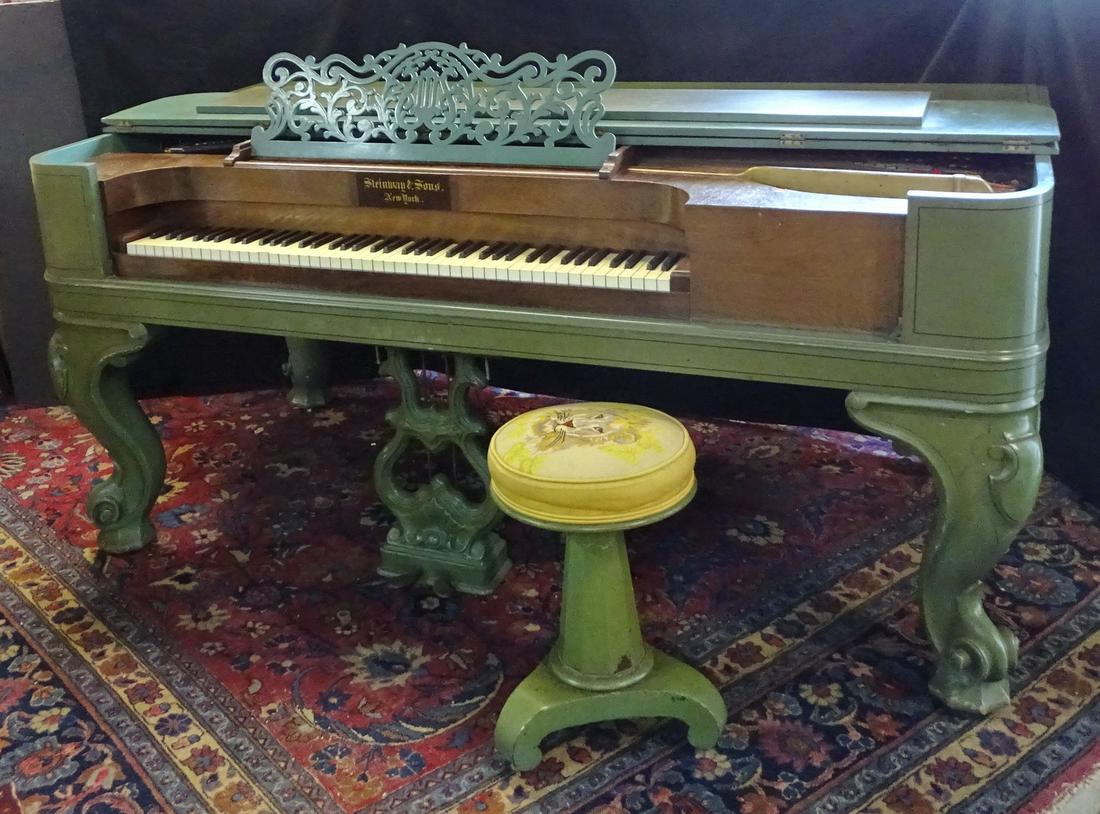 STEINWAY SQUARE GRAND PIANO LATE 19C GREEN DECORATED SER # 34004 (2 HINGES MISSING ON COVER/LID) 37: STEINWAY SQUARE GRAND PIANO LATE 19C GREEN DECORATED SER # 34004 (2 HINGES MISSING ON COVER/LID) 37 1/2" X 80" X 40"
